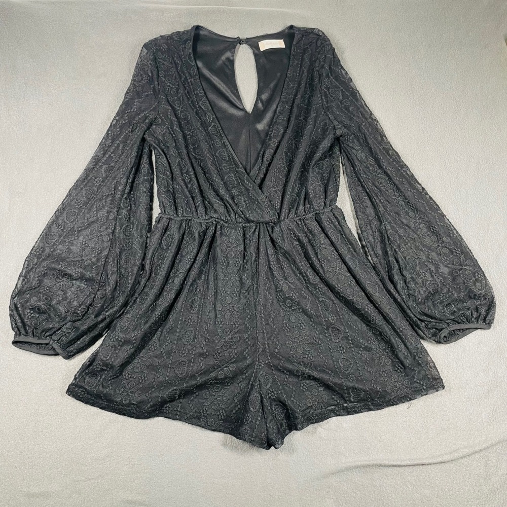 Altar'd State Black Lace Romper Women's M Deep V‎ Balloon Sleeve Keyhole Back